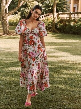 Abercrombie & Fitch Hardware Drama Puff-Sleeve Maxi Dress with Pink & Red Blooms